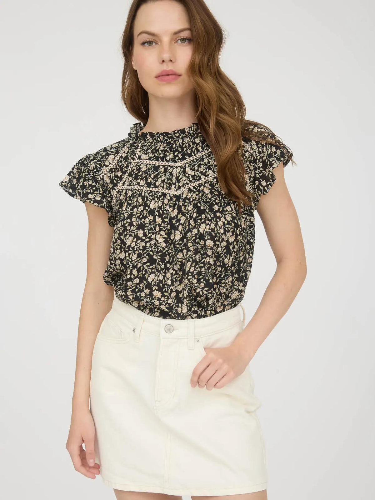 Ruffle Yoke Floral Blouse - Black