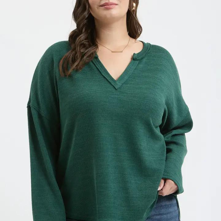 Plus Solid Notch Knit Top - Forest Green