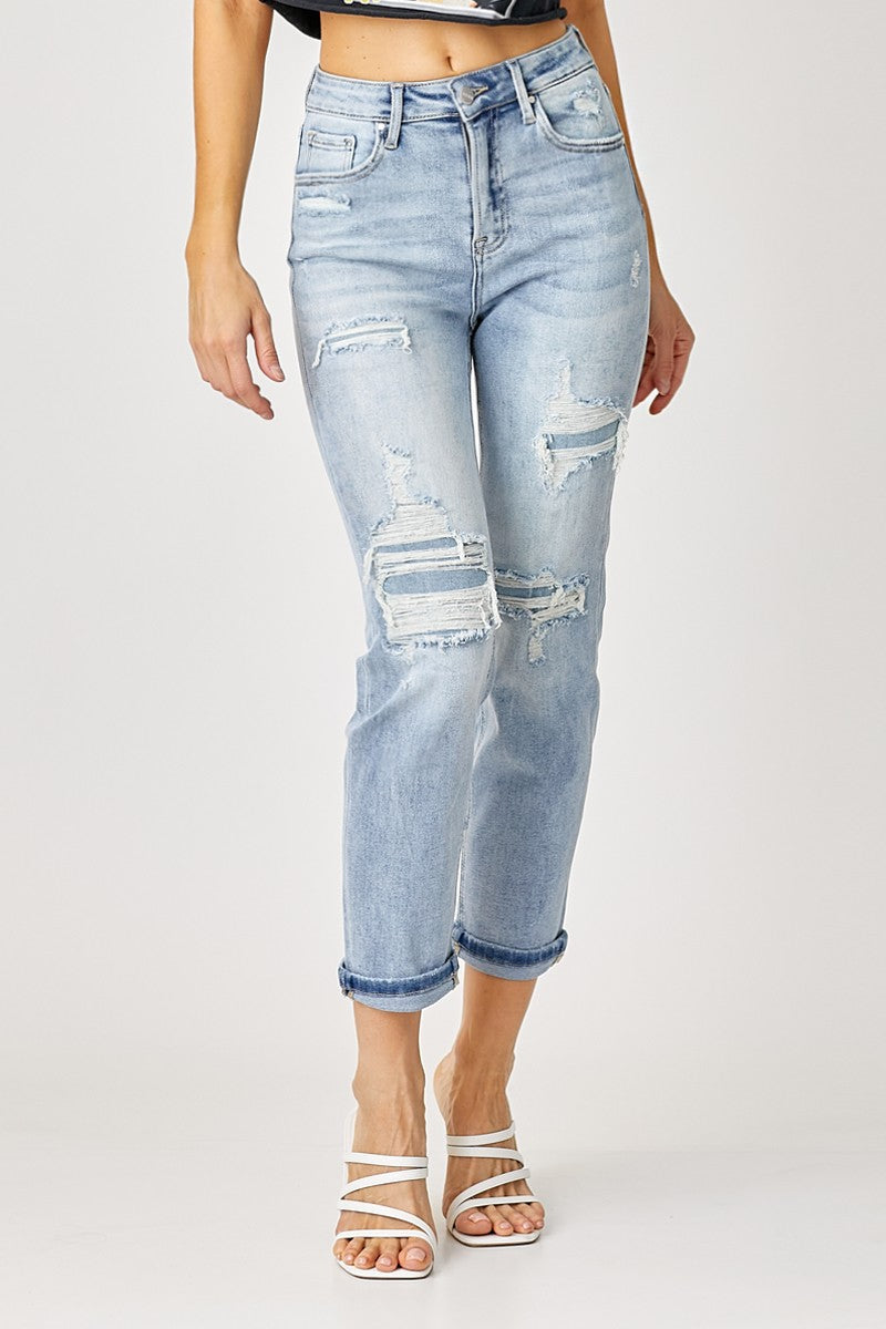 Hi Rise Patched Straight Jeans