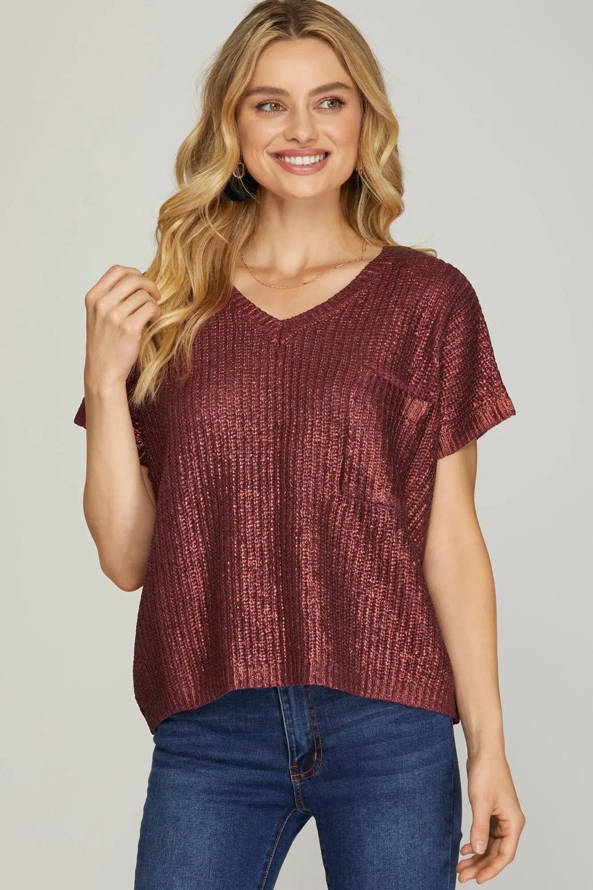 Metallic Sweater Top - Burgundy
