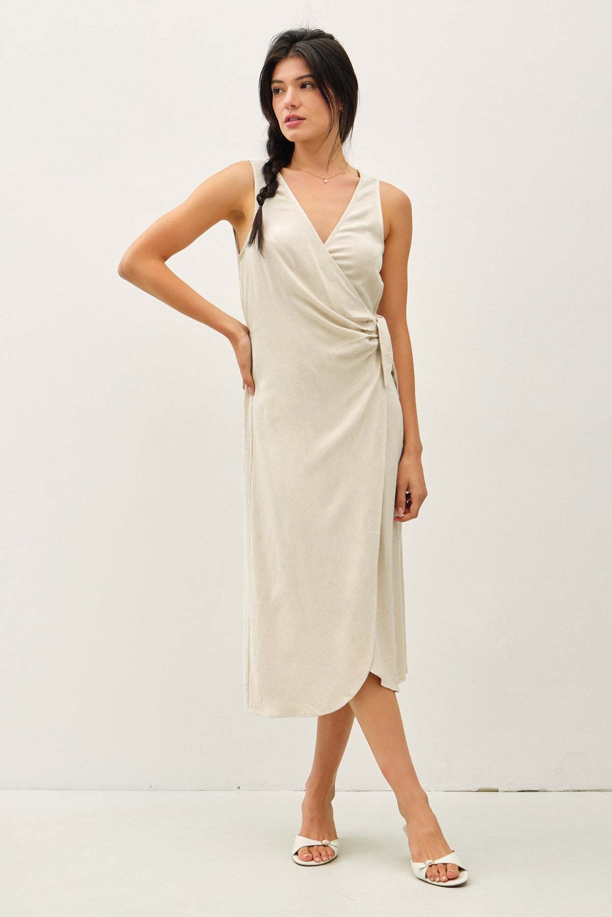 Linen Blend Mock-Wrap Dress