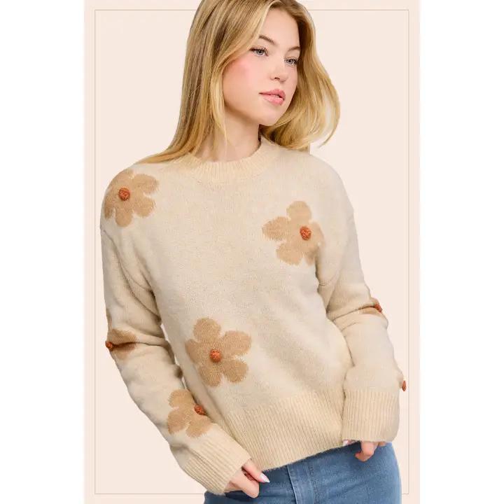 3D Floral Mock Neck Sweater - Ricotta