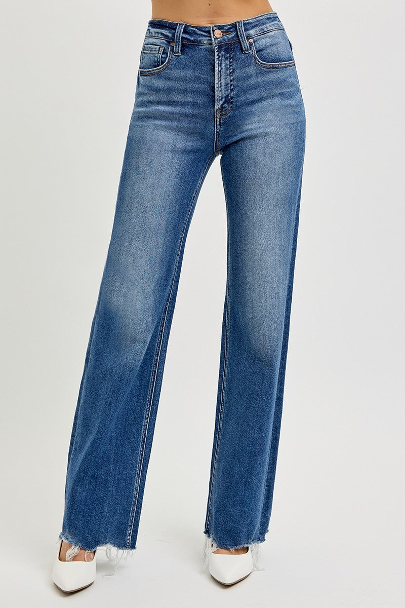 Plus Tummy Control High Rise Wide Leg Raw Cut Hem