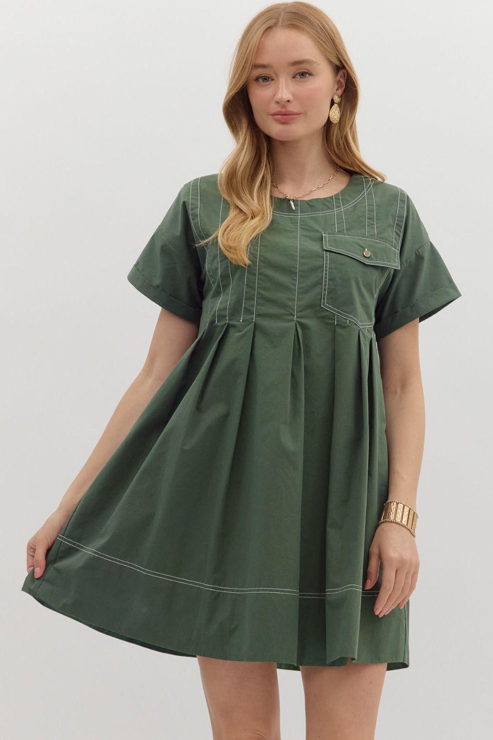 Pleated Mini Dress w/ Pocket - Forest