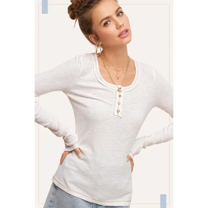 Ribbed Henley Fitted Long Sleeve - Ivory