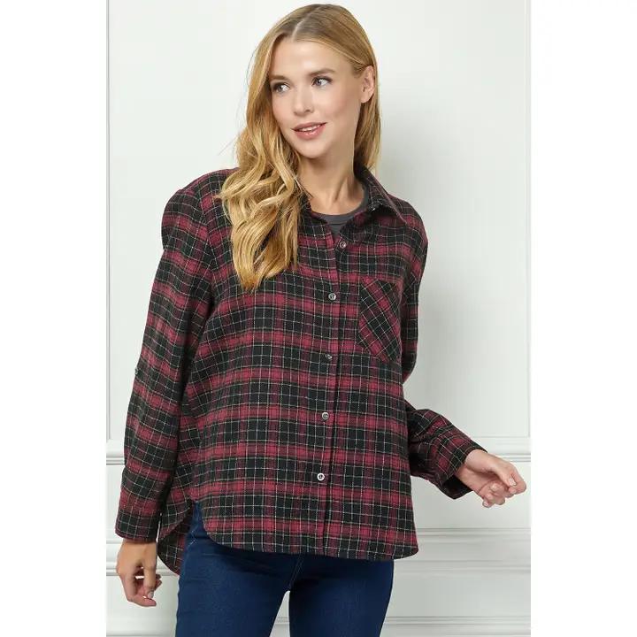 Collared Plaid Flannel - Burgundy