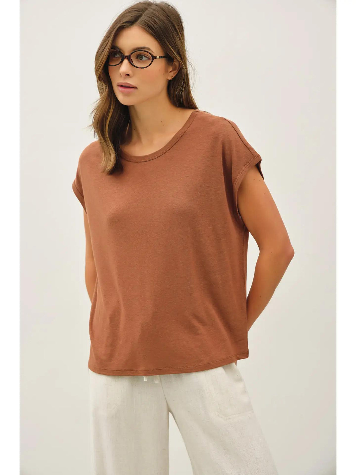 Linen Basic Cap Sleeve Tee - Clay