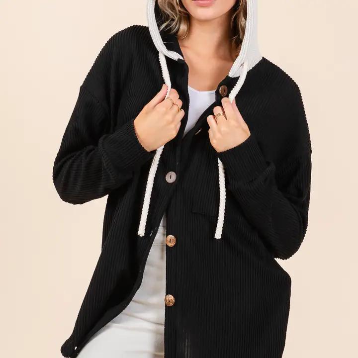 Button Hooded Sweatshirt - Black