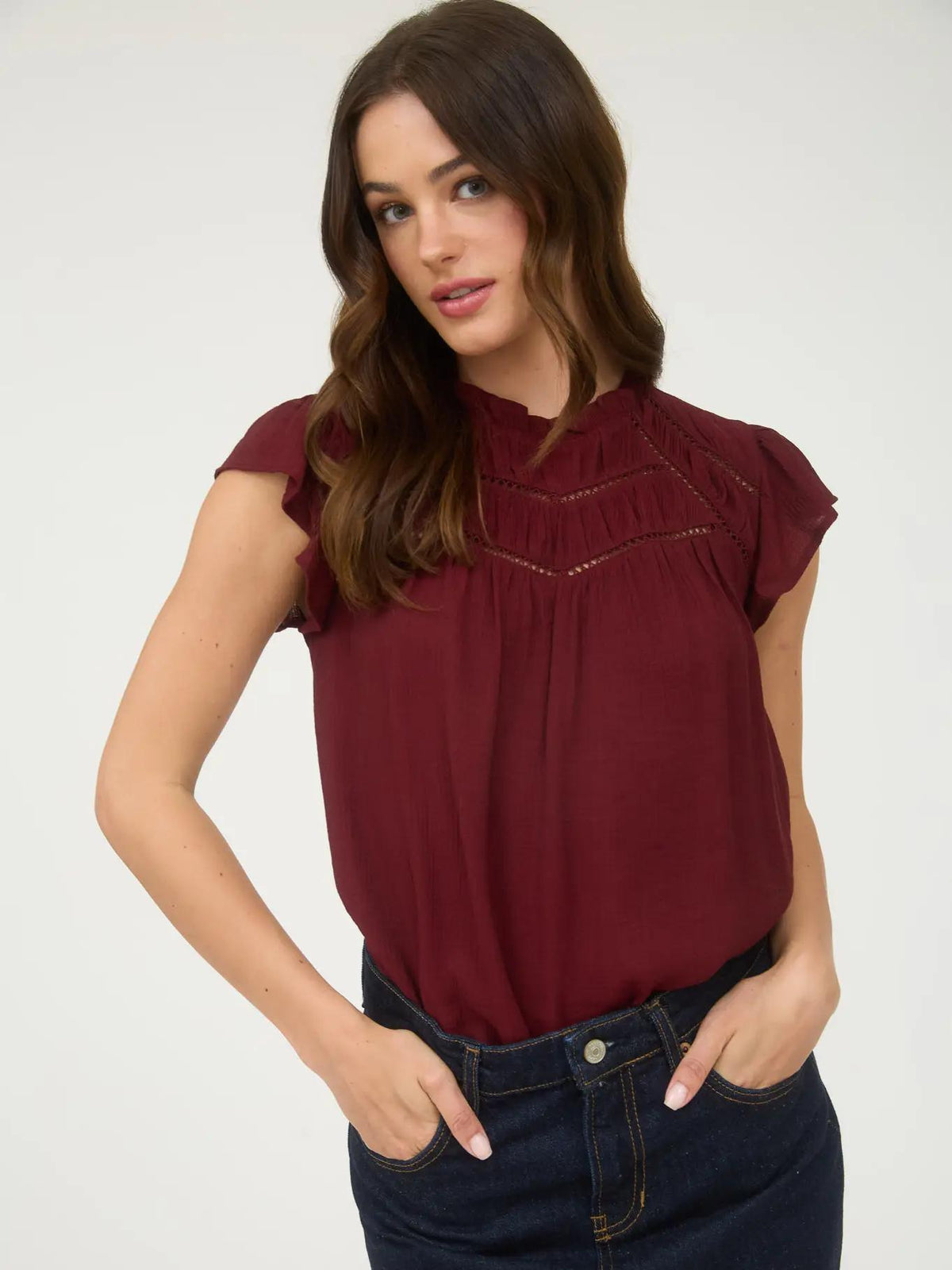 Lace Trim Ruffle Blouse - Brick