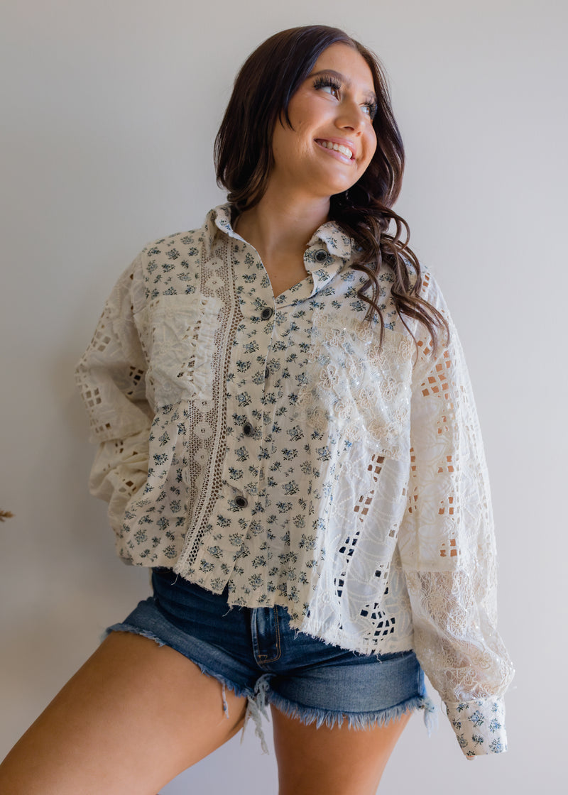 Balloon Sleeve Crochet Floral Shirt