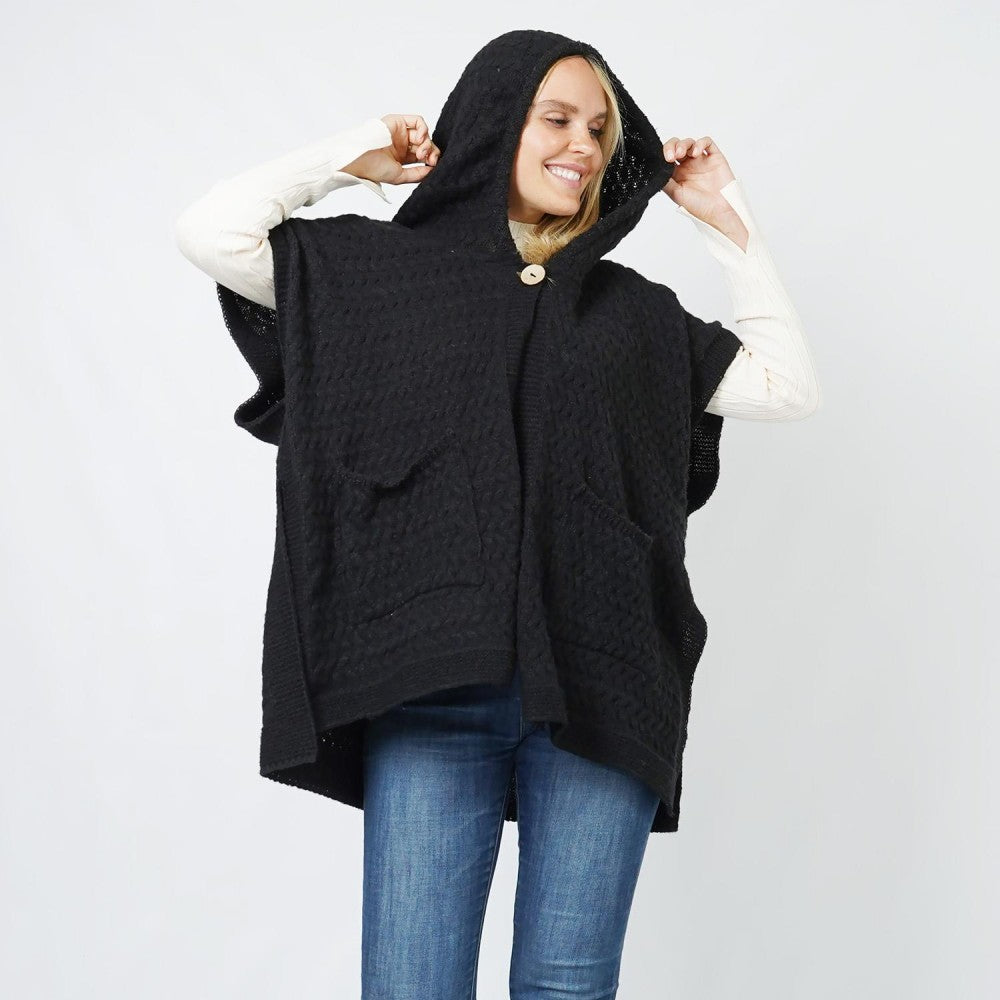 Button Hooded Poncho