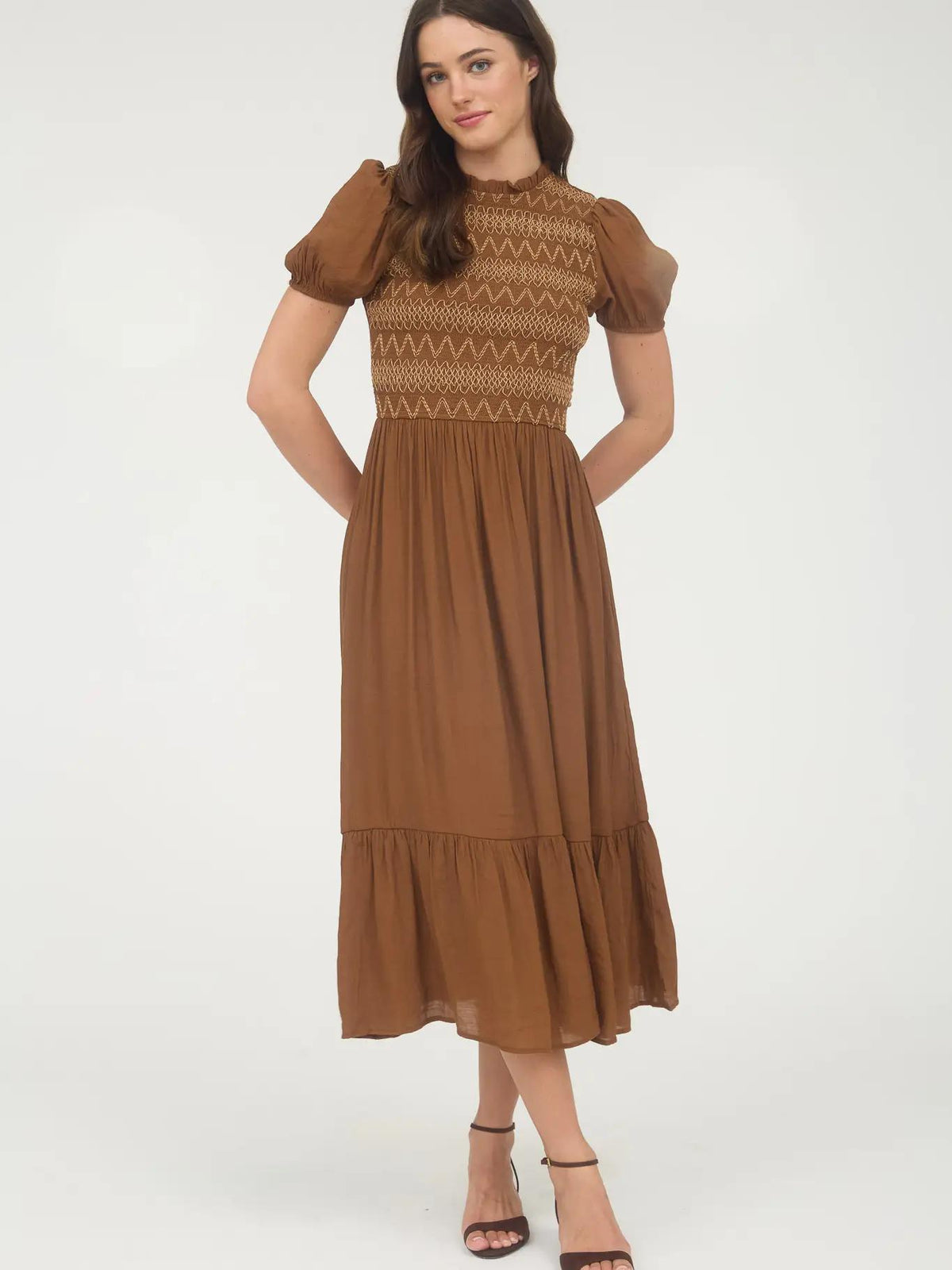Bubble Sleeve Smocked Midi Dress - Light Brown