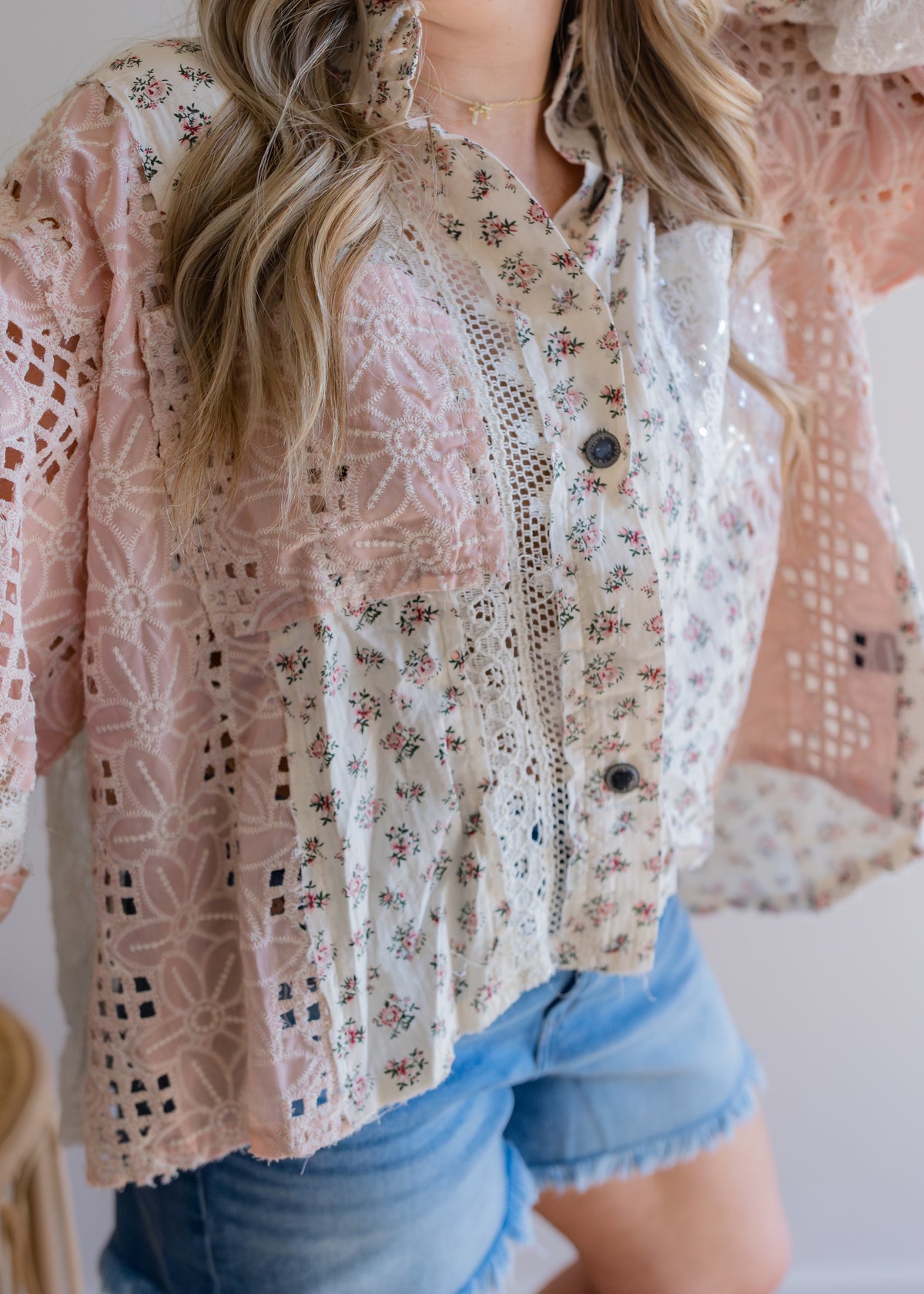 Balloon Sleeve Crochet Floral Shirt