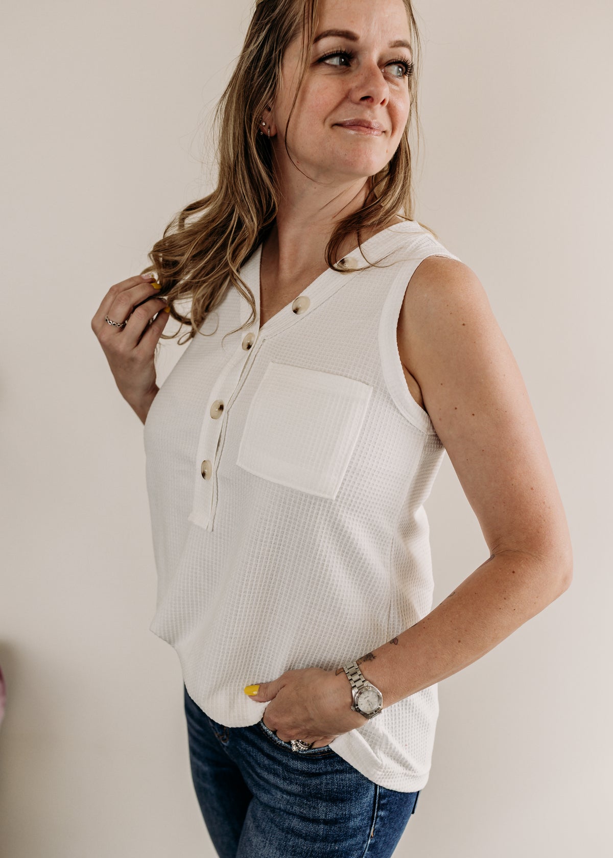 Sleeveless Waffle Top w/Button Detail