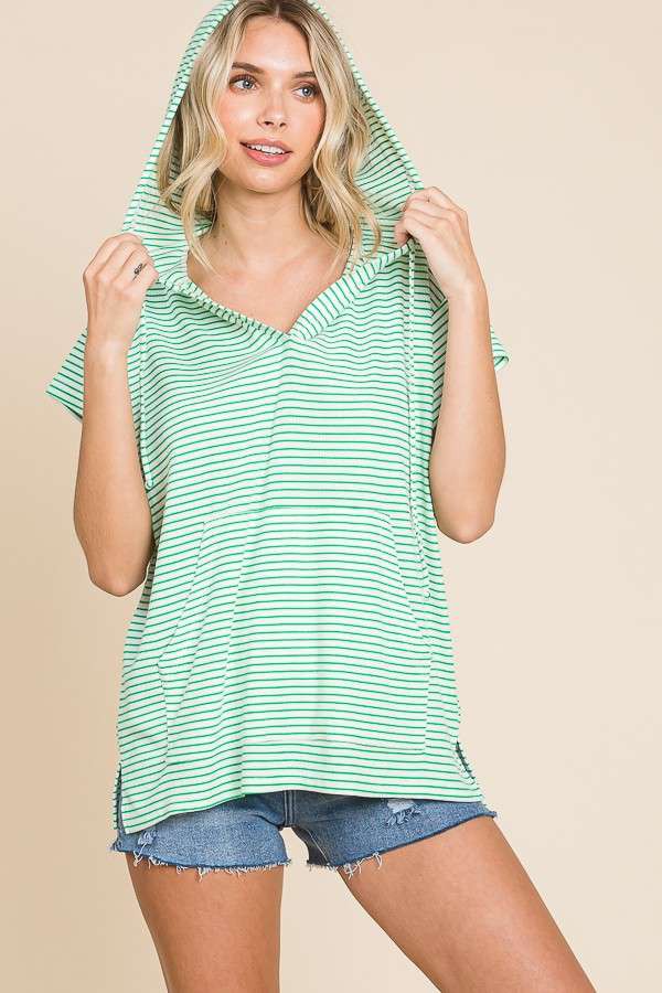 Plus Short Sleeve Striped Hoodie