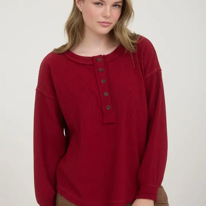Ribbed Henley Long Sleeve - Deep Red