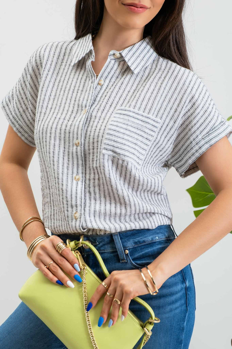 Plus Short Sleeve Striped Button Up