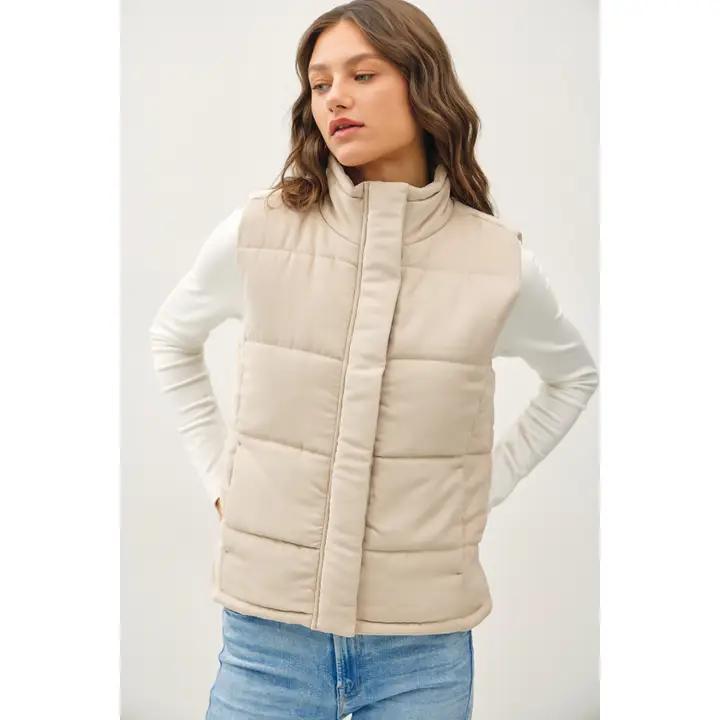Suede Puffer Vest - Beige