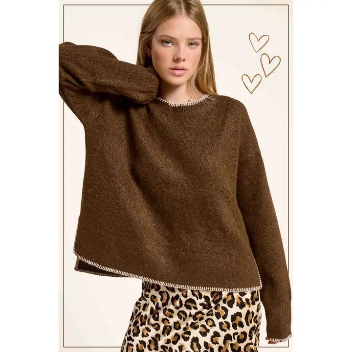 Contrast Stitch High-Low Sweater - Chestnut