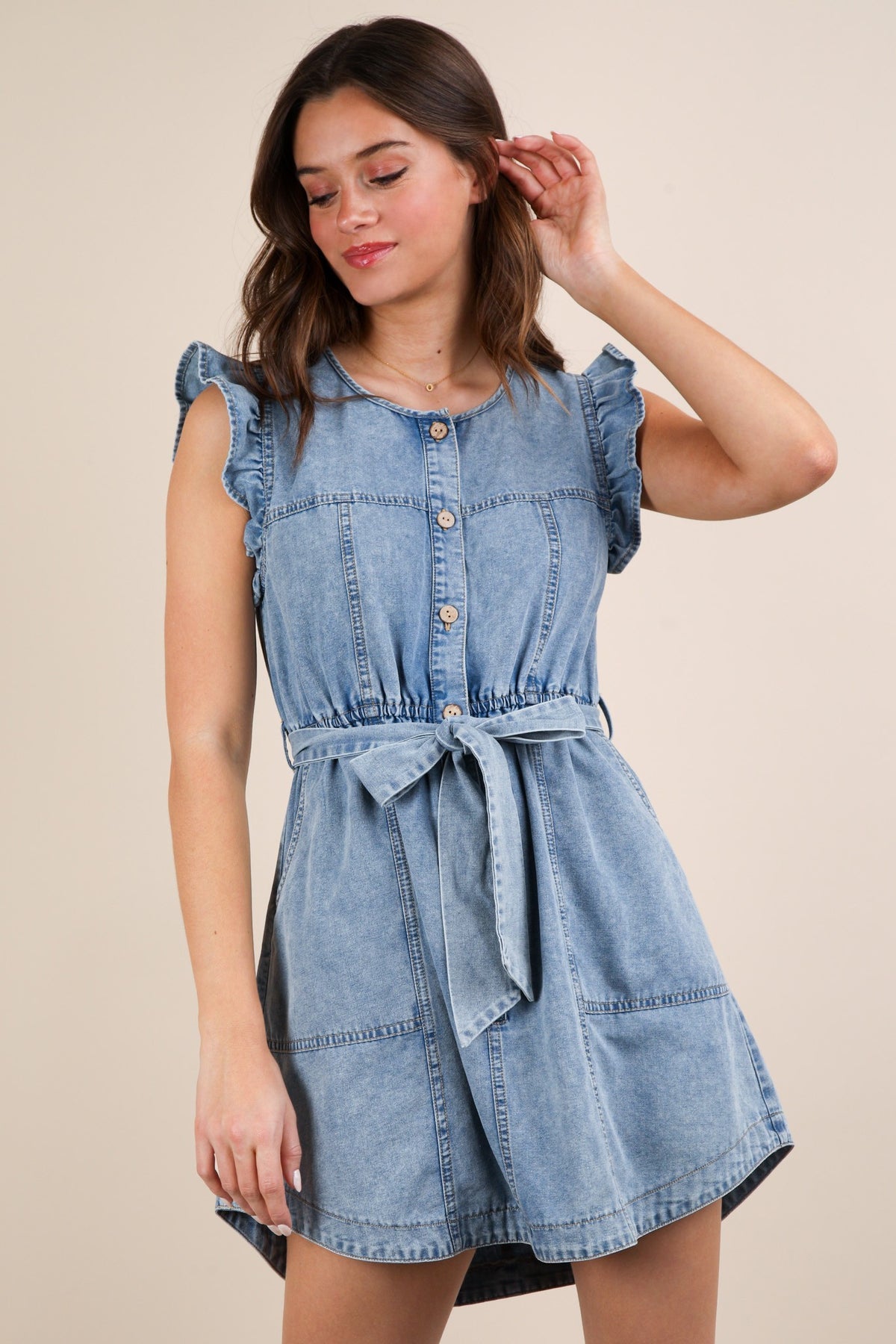 Chambray Ruffle Detail Dress