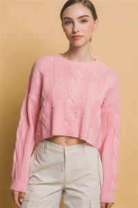 Cable Knit Pearl Sweater - Pink