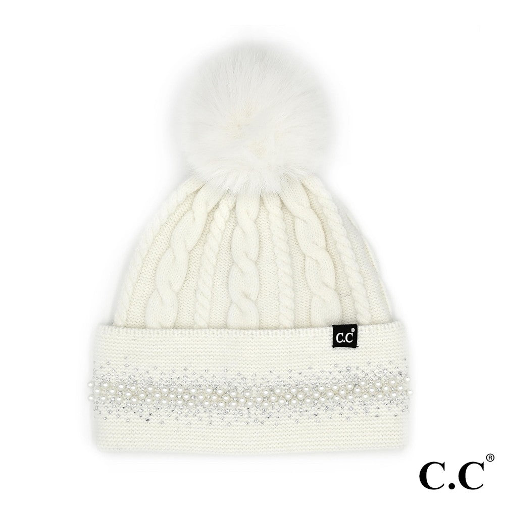 C.C. Pearl Embellished Pom Beanie