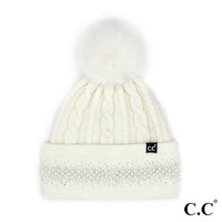 C.C. Pearl Embellished Pom Beanie