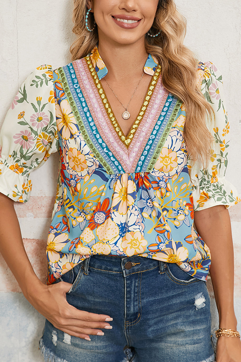 Multicolor V-Neck Boho Blouse