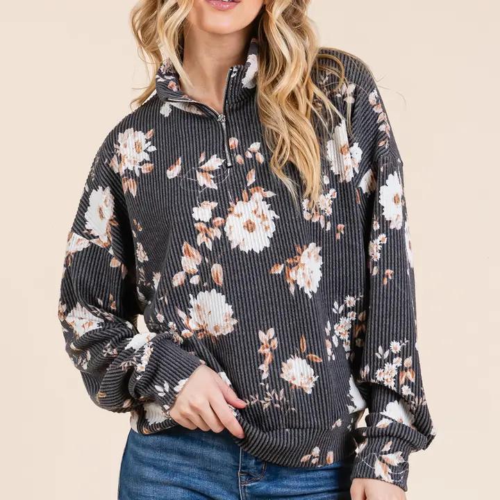 Floral 1/4 Zip - Black