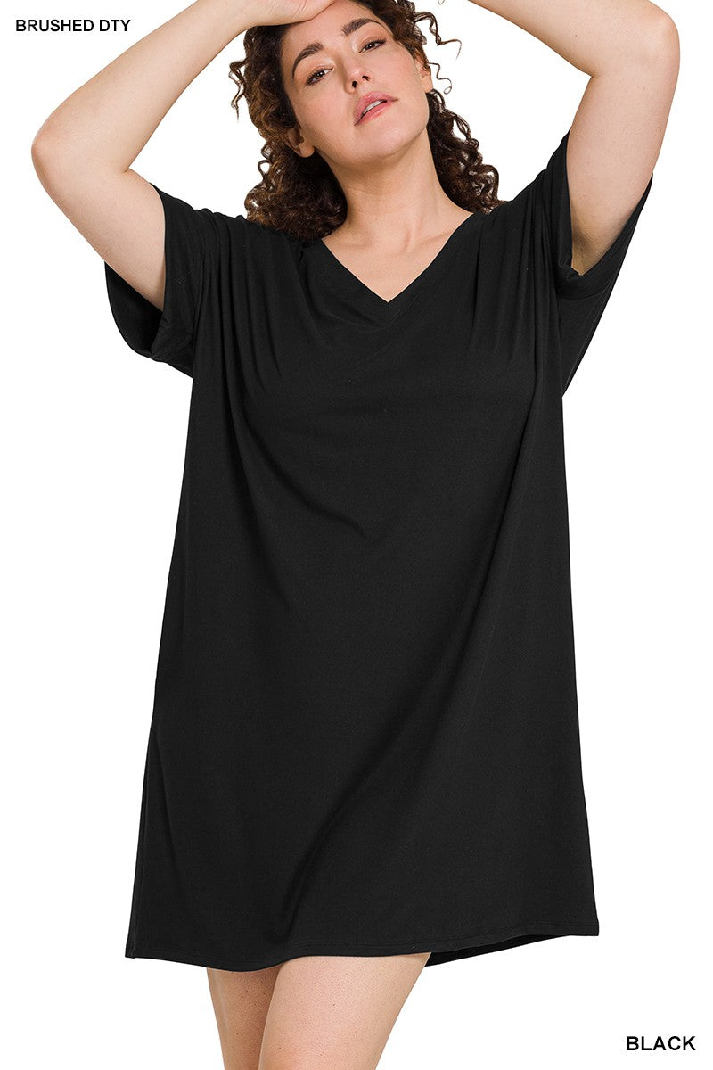 Rolled Sleeve V-neck Dress