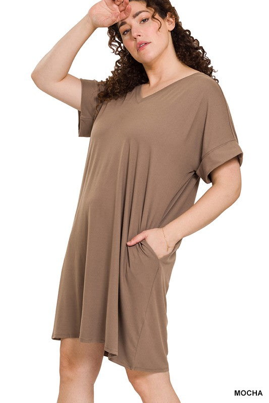 Rolled Sleeve V-neck Dress