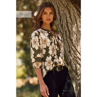 Plus Floral 3/4 Sleeve Blouse - Olive