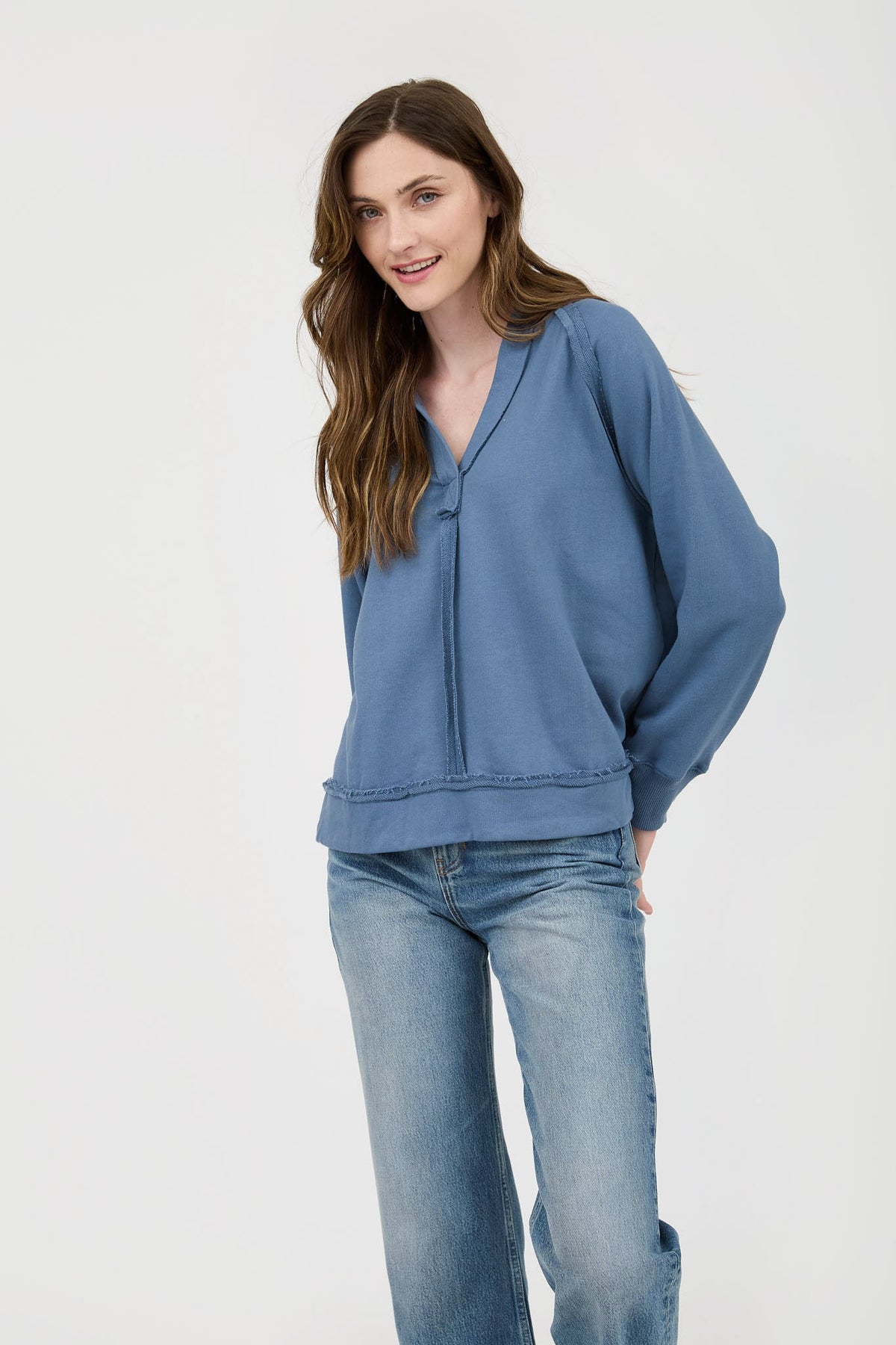 Plus Hooded V-Neck Raw Edge Top