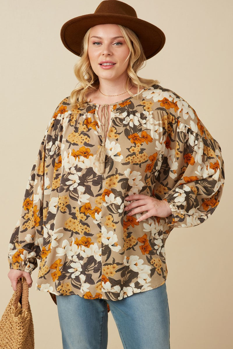 Plus Floral Print Tie Long Sleeve