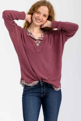 Plus Rib Top w/ Plaid Trim - Burgundy
