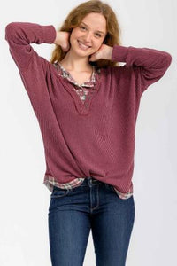 Plus Rib Top w/ Plaid Trim - Burgundy