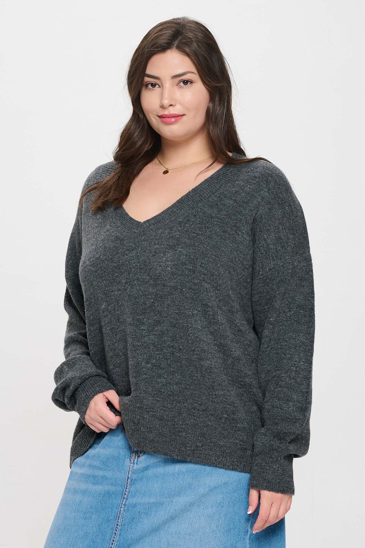 Plus V-Neck Drop Shoulder Sweater