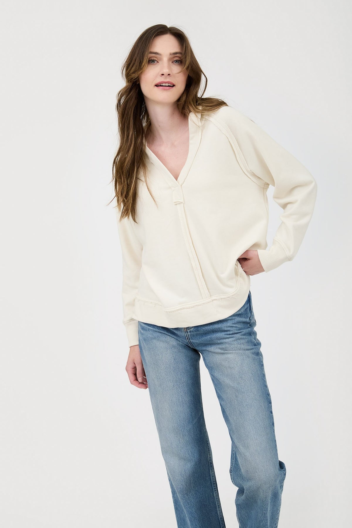 Plus Hooded V-Neck Raw Edge Top