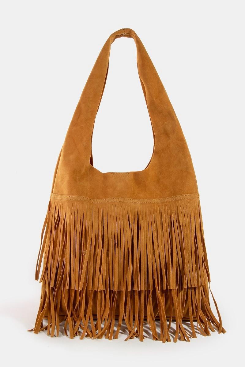 Fringe Detail Suede Hobo Bag