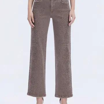 High Rise Rhinestone Wide Jeans - Fudge