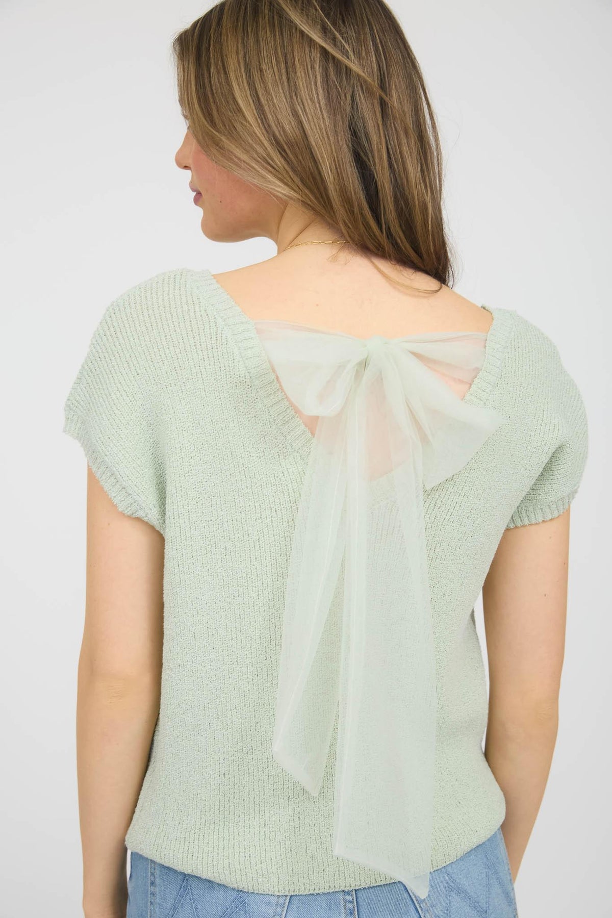 Back Sheer Tie Short Sleeve Sweater