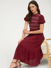 Bubble Sleeve Smocked Midi Dress - Dark Red