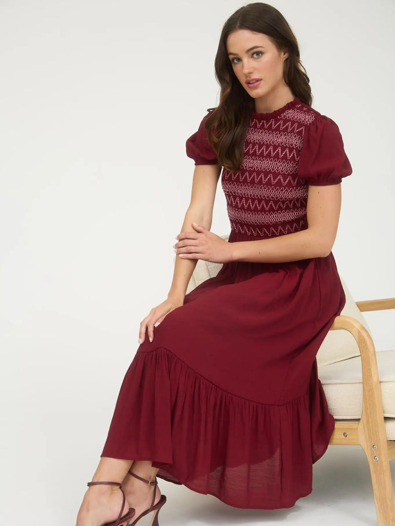 Bubble Sleeve Smocked Midi Dress - Dark Red