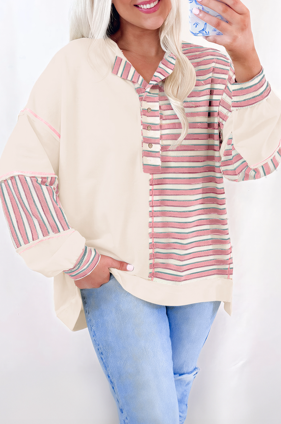 Stitched Detail Oversized Pullover - Pink