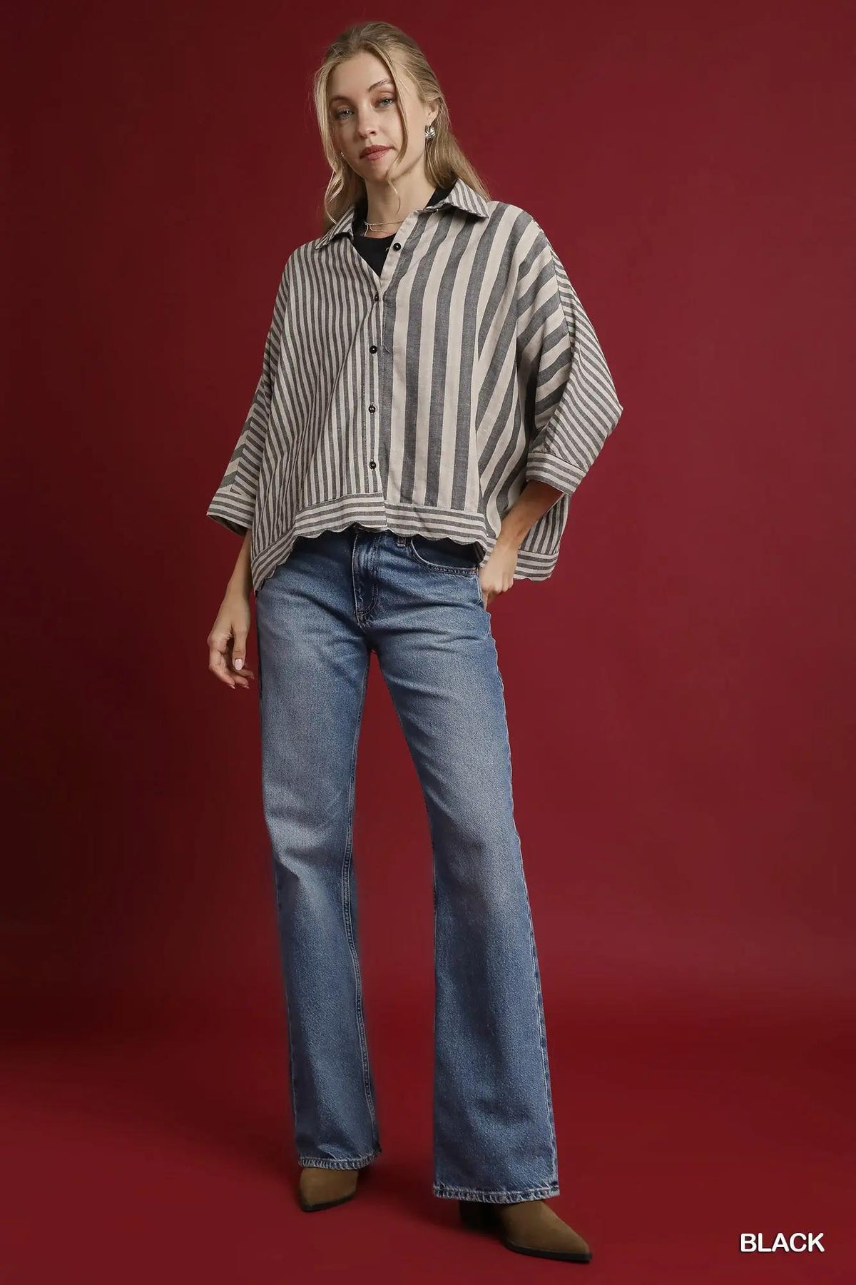 Plus Mixed Stripe Button Down - Black