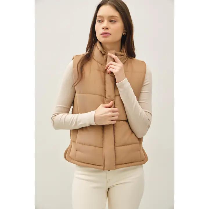 Suede Puffer Vest - Camel