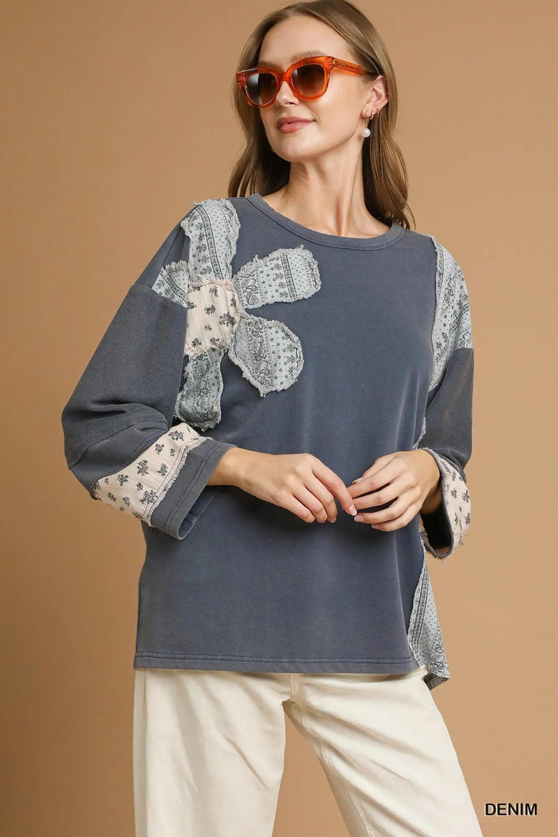 French Terry Patchwork Pullover - Denim