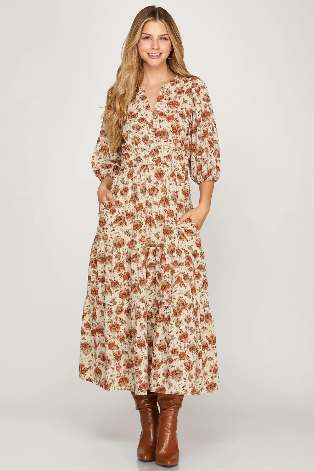 Printed Midi Dress - Cream/Rust