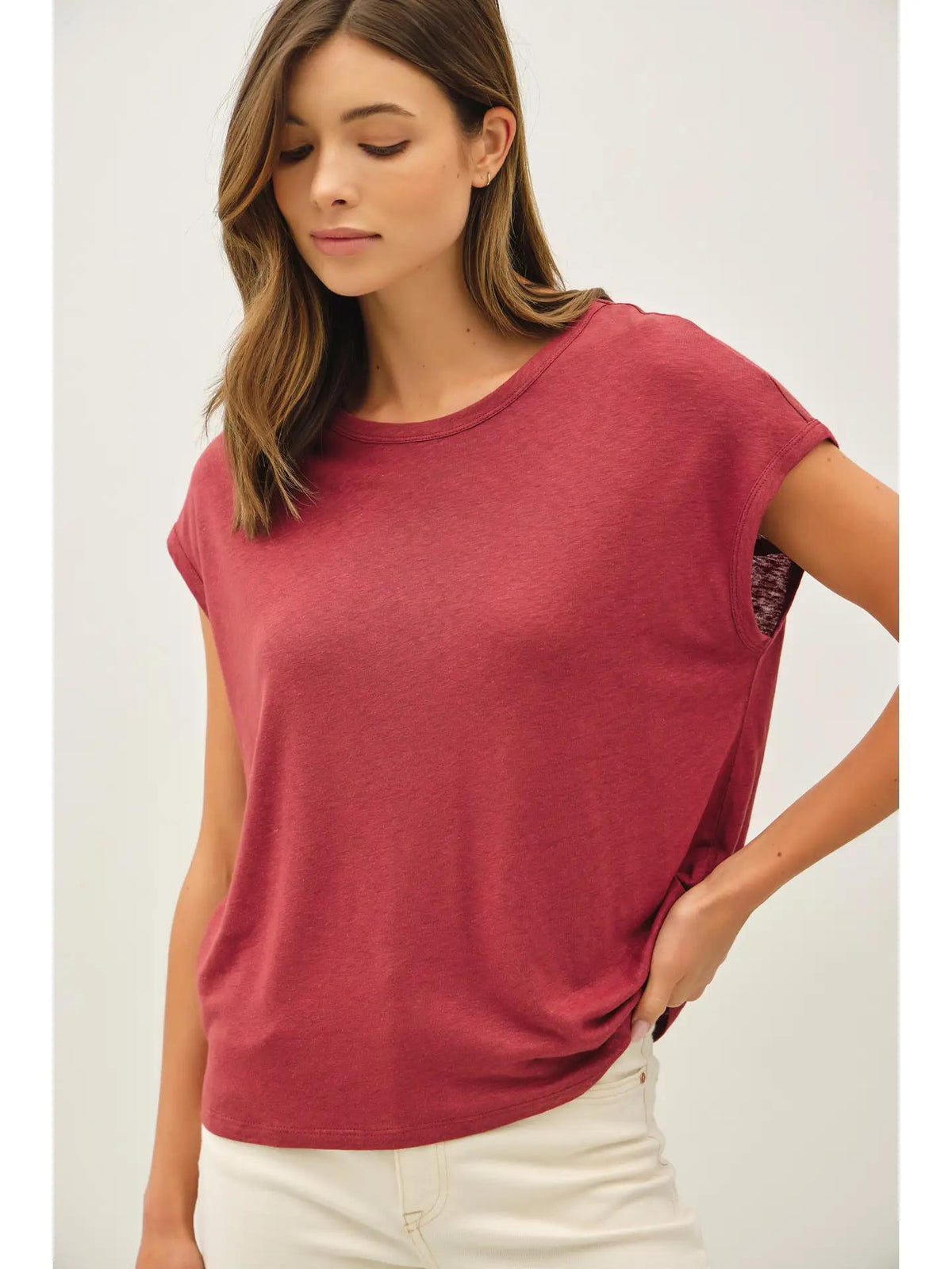 Linen Basic Cap Sleeve Tee - Wine
