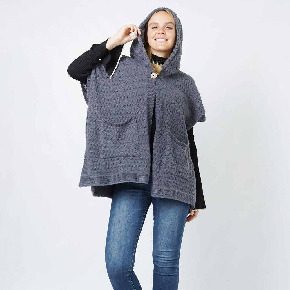 Button Hooded Poncho